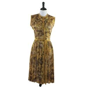 1960s Mustard Yellow and Brown Printed Cotton Day Dress Small